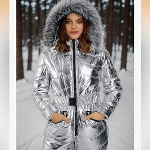 Aurgelmir metallic silver faux fir one piece belted lined ski snow suit